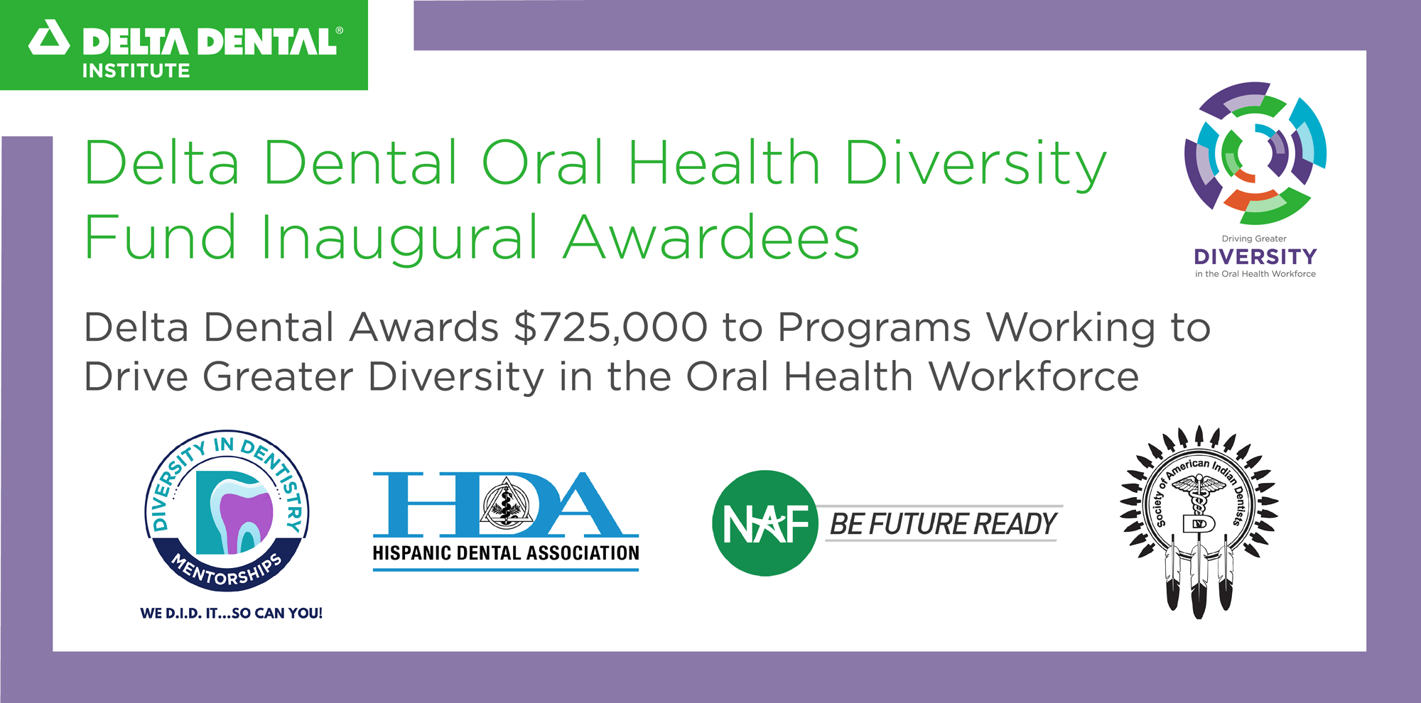 Delat Dental oral health diversity fund inagural awardees. Delta dental awards $725,000 to programs working to drive greater diversity in the oral health workforce. Society of American Indian Dentists logo, NAF Be Future Ready logo, Hispanic Dental Association logo, Diversity in Dentistry Mentorships We DID it so can you logo